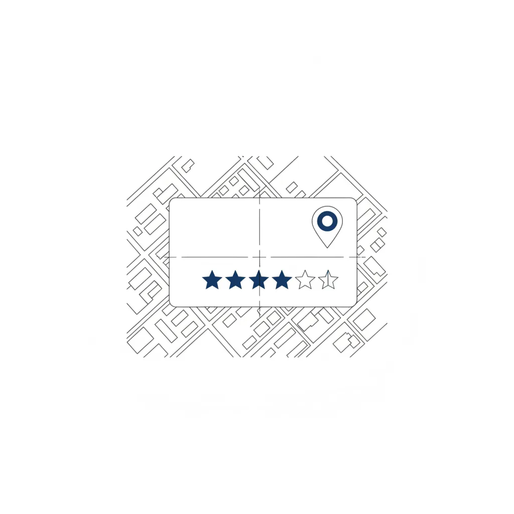 Schéma au trait d'une fiche Google Business Profile avec étoiles d'avis et épingle de localisation sur un plan de ville